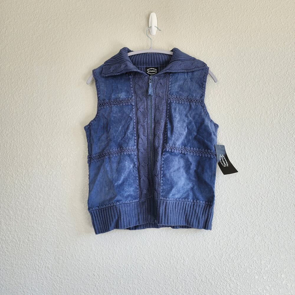 Vintage NWT Designers Studio Originals Suede & Cable Knit Patchwork Zip Vest